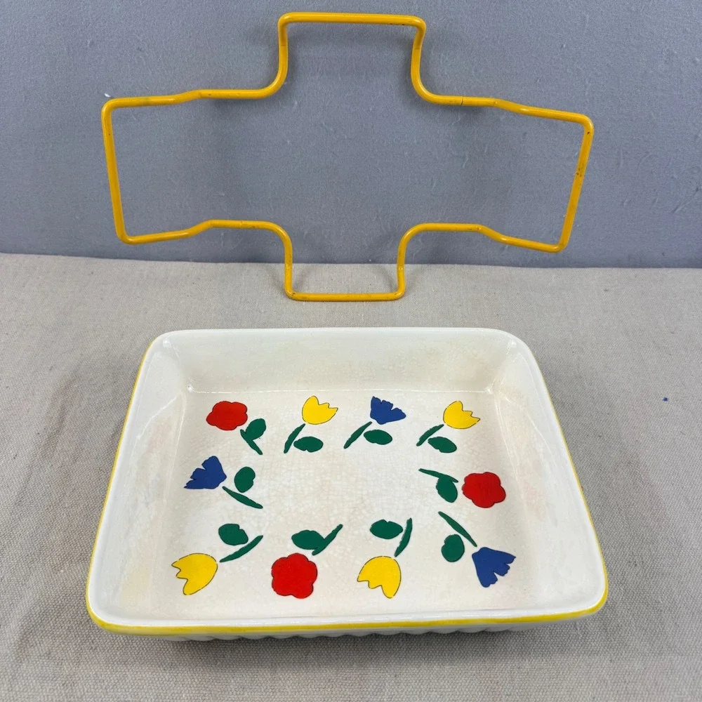 Vintage Tulip Pattern Baker‎ Set w/ Red & Yellow Wire Carriers MCM Pottery